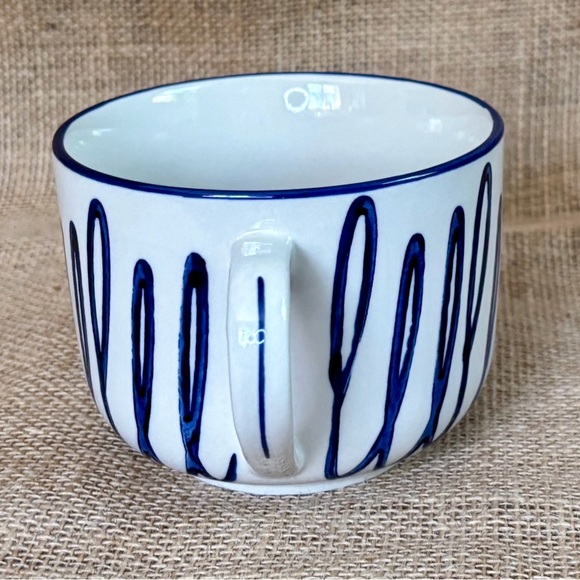 White w Blue Squiggly Lines Cappuccino Mug Cup Ceramic Artsy Whimsical Playful - Picture 2 of 7